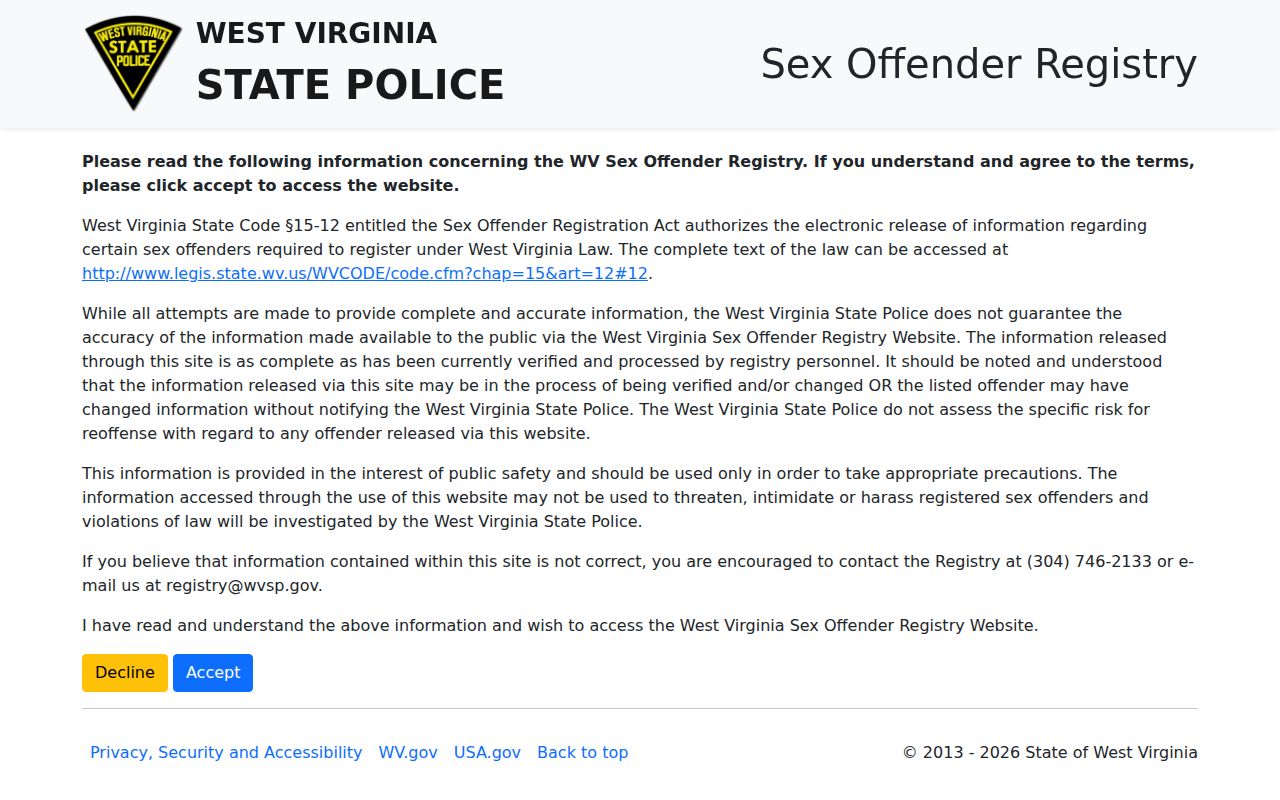 Calhoun County sex offender search on the West Virginia registry